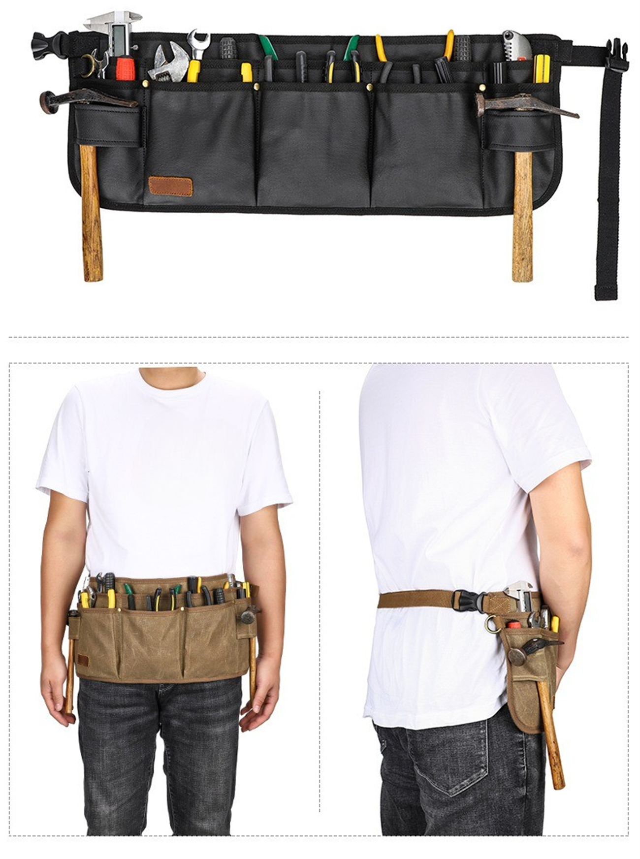 Eine Werkzeugtasche mit Hämmern und Werkzeugen und eine Person, die einen ähnlichen Gürtel trägt.