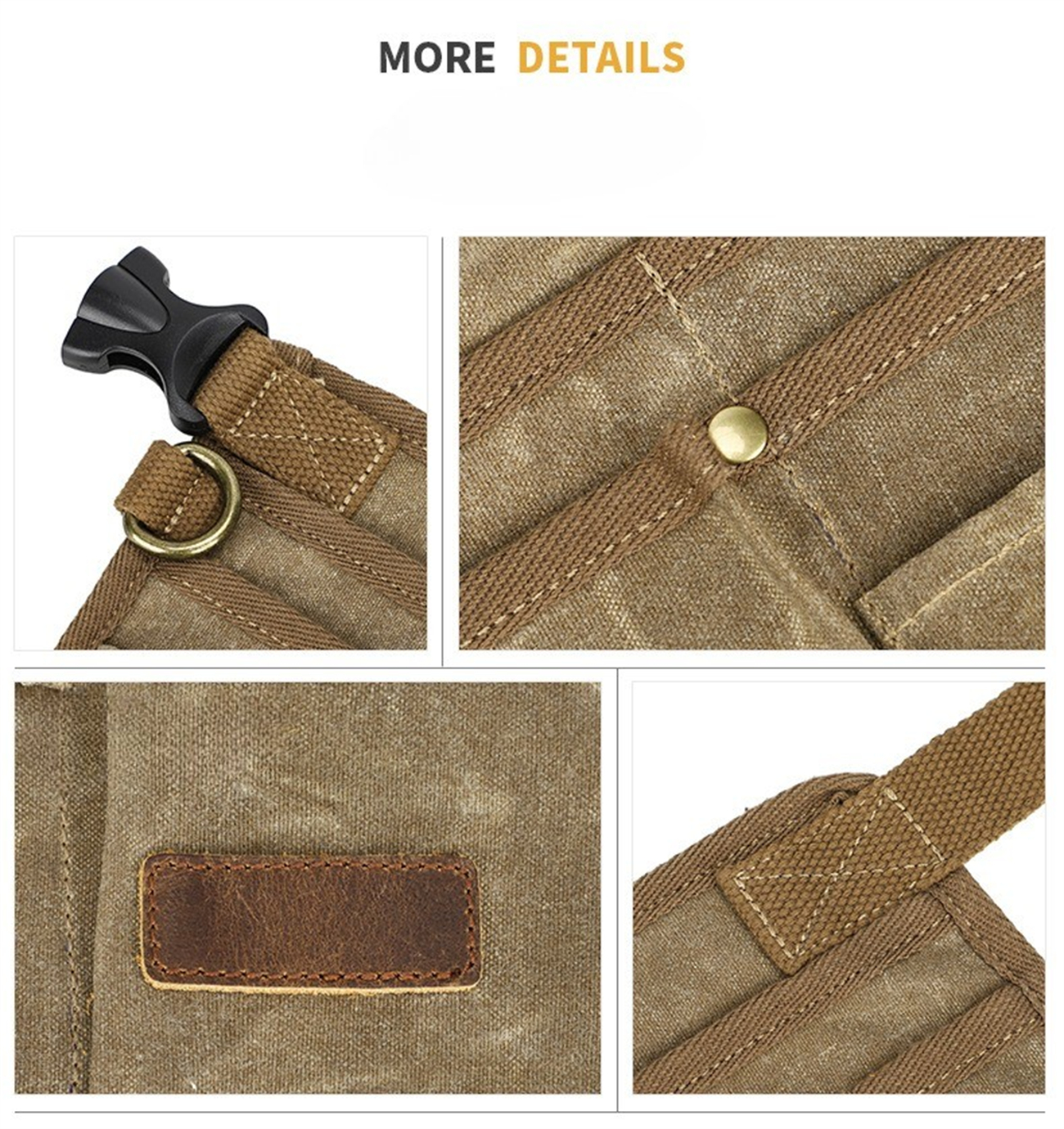 Nahaufnahmen von Details einer braunen Canvas-Schürze. Zeigt eine Schnalle, eine Niete, einen Lederfleck und Nähte.