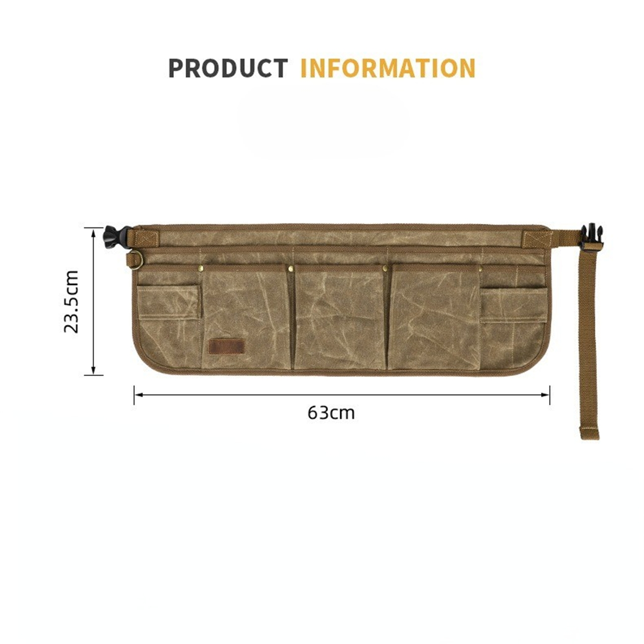 Brauner Werkzeuggürtel aus Segeltuch mit mehreren Taschen, einer Schnalle und Maßangaben.