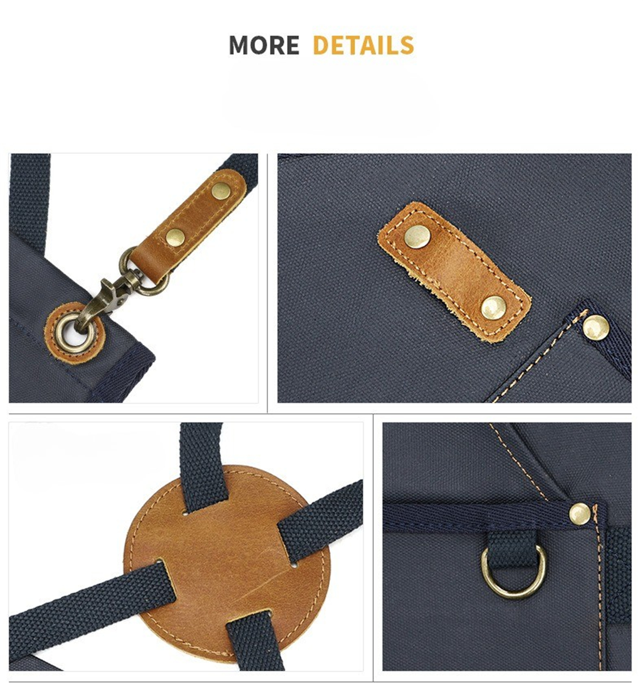 Nahaufnahmen von Details einer blauen Schürze. Lederpatches und Messingdetails sind sichtbar. Mehr Details Text erscheint.