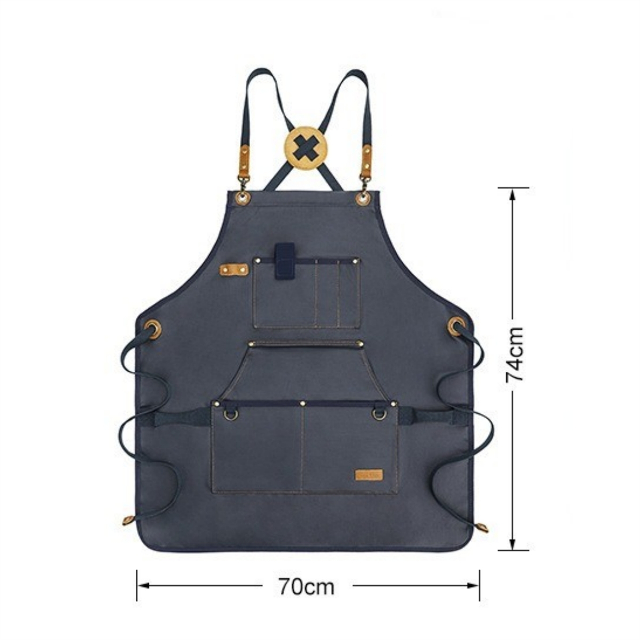 Blaue Schürze mit mehreren Taschen und braunen Trägern. Schwarzes Kreuz hinten.