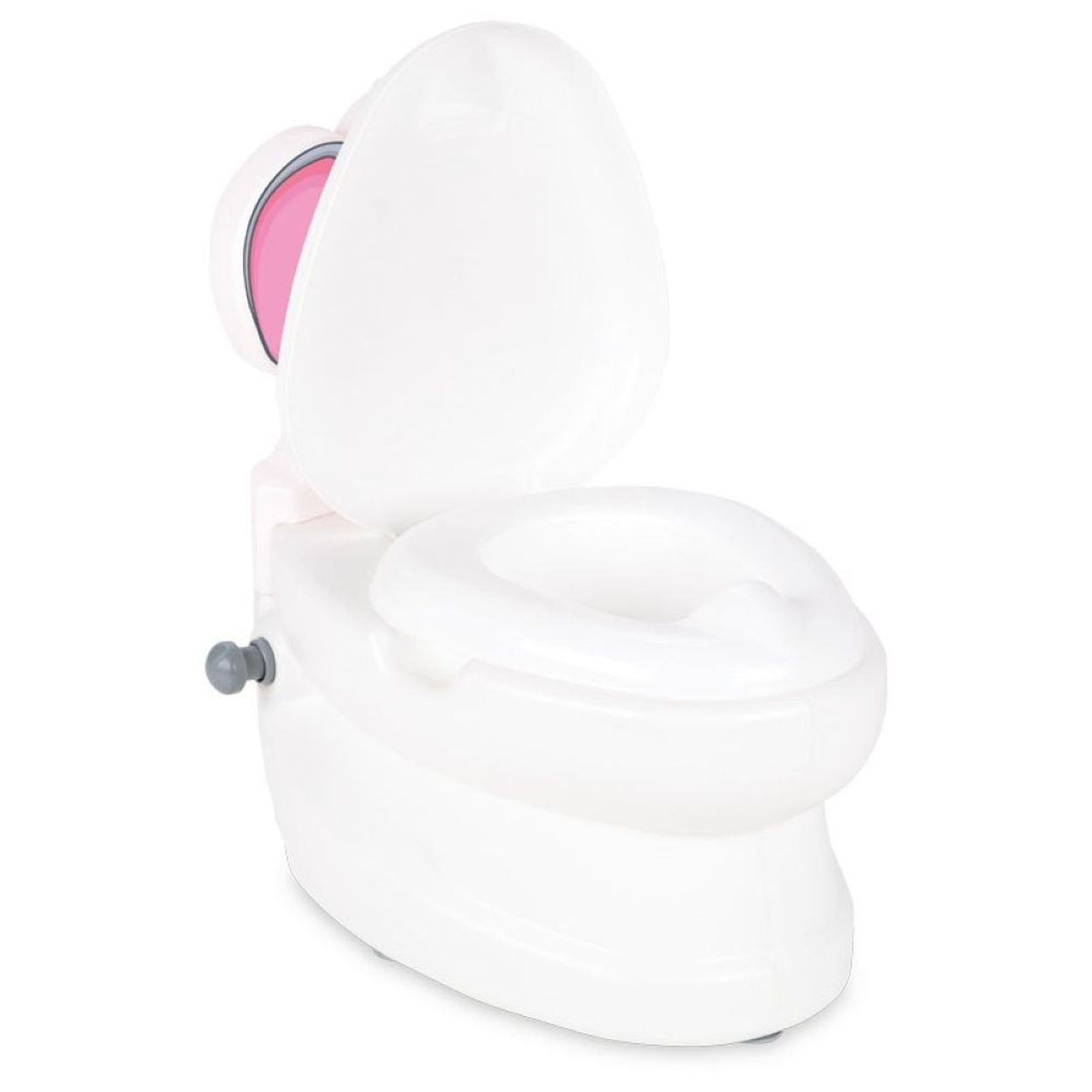 Eine weiße Töpfchentoilette mit pinkfarbenem Deckeldetail und grauem Griff.