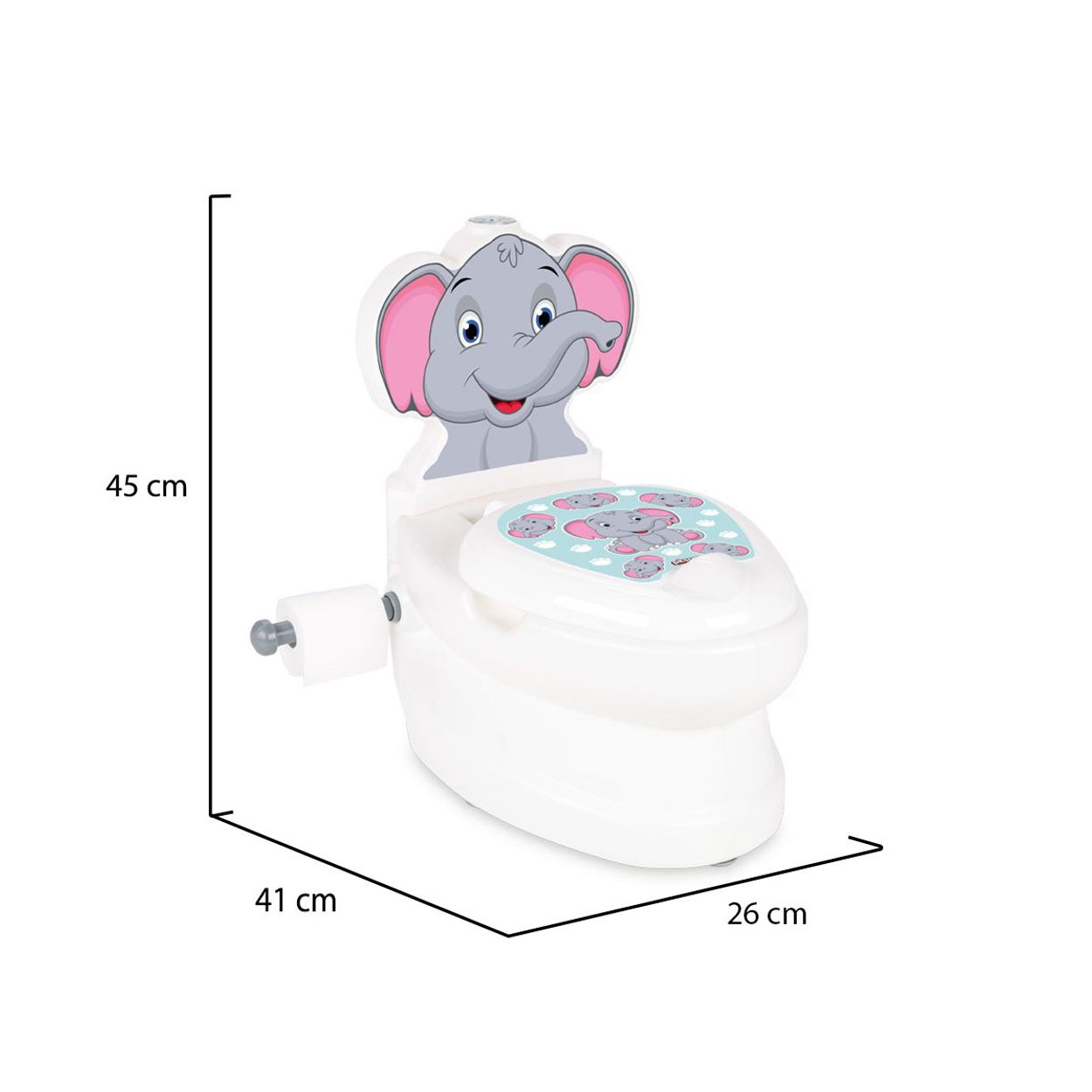 Weißes Baby-Töpfchen mit Elefanten-Design und Abmessungen. Weißer Hintergrund.