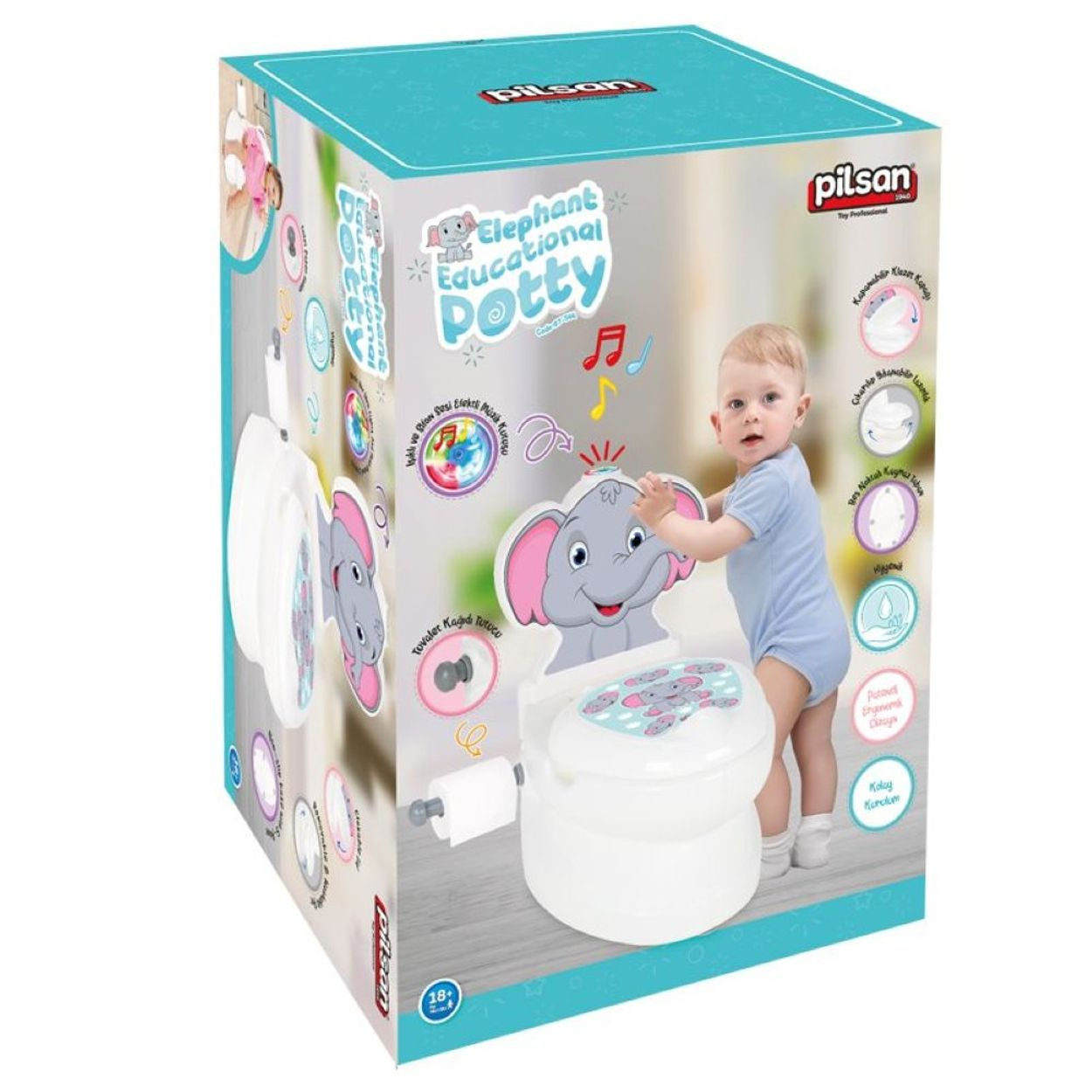 Box mit Baby und Elefanten-Töpfchen-Design. Weiße Töpfchen innen. Blaue und weiße Farben.