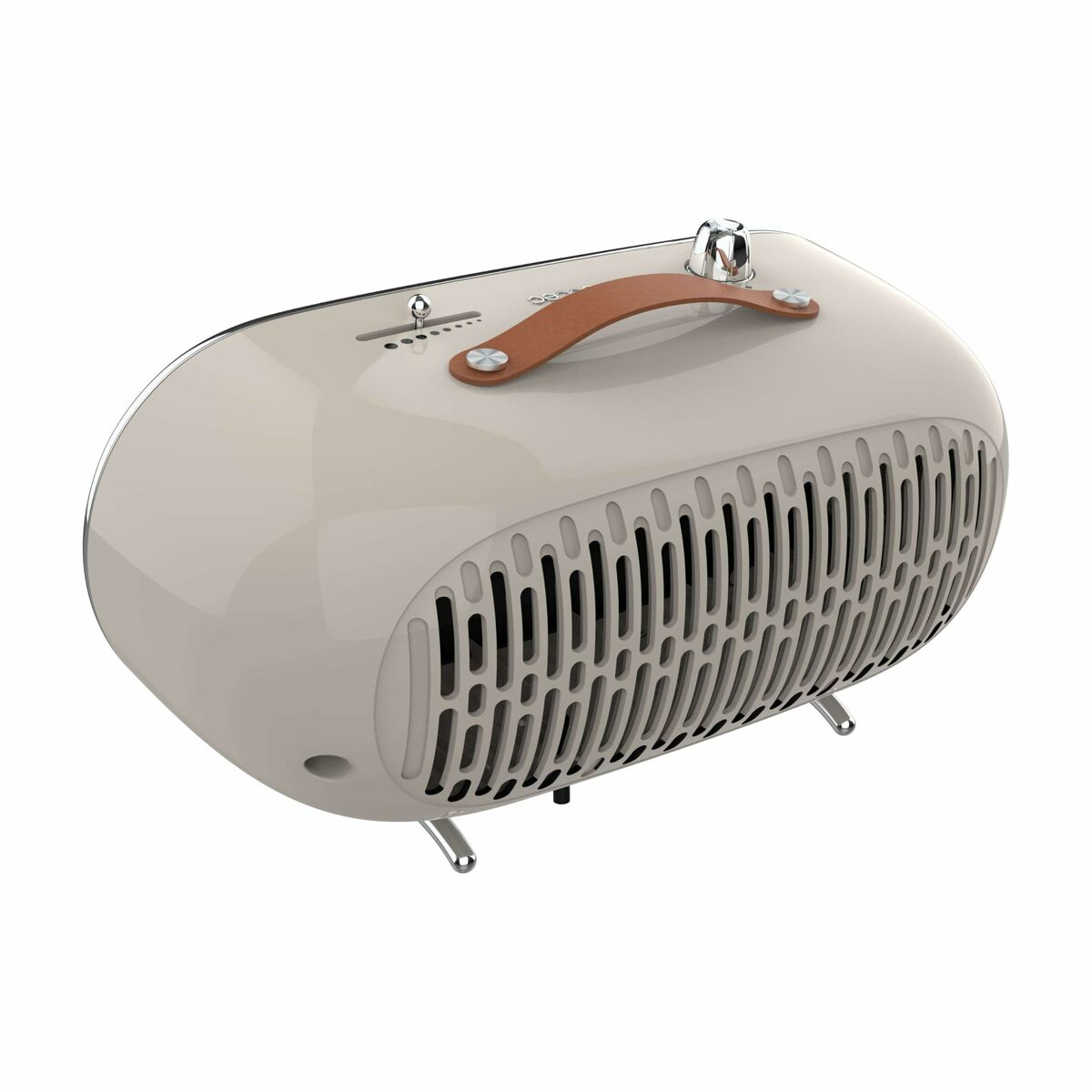 Termoventilatore ovale beige con manico marrone e gambe in metallo su sfondo bianco.