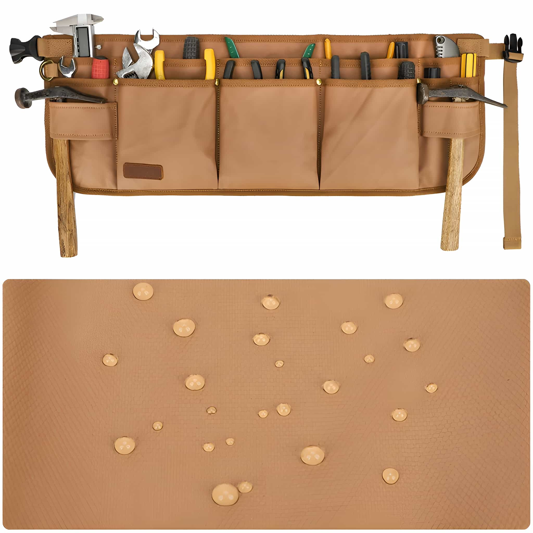 Werkzeuggürtel mit Taschen, die Werkzeuge enthalten: Schraubenschlüssel, Zangen, Hämmer. Brauner Stoff, Wassertropfen auf der Oberfläche.