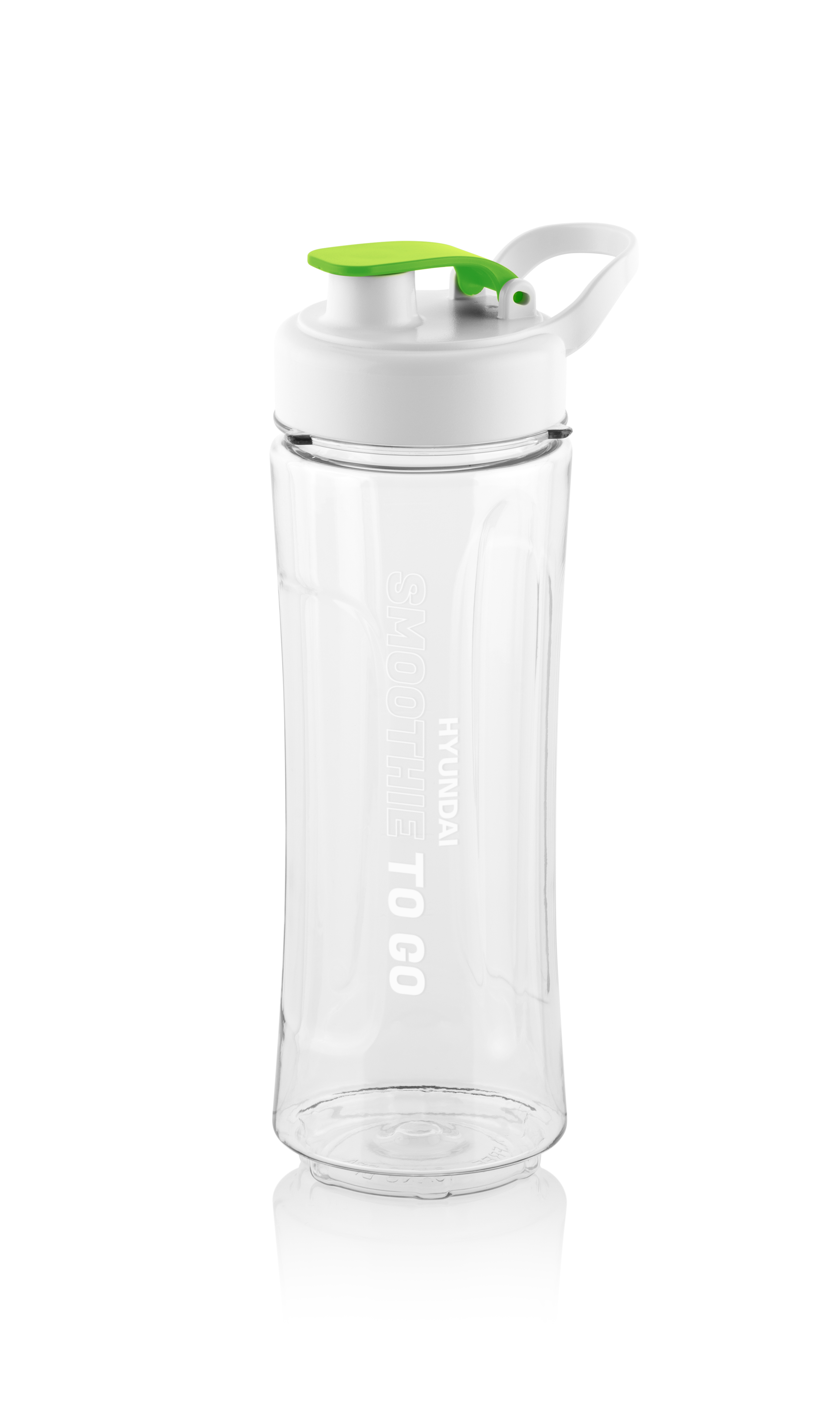 Transparente Wasserflasche mit grünem Deckel und weißem Körper. Text: 'Smoothie to go'.