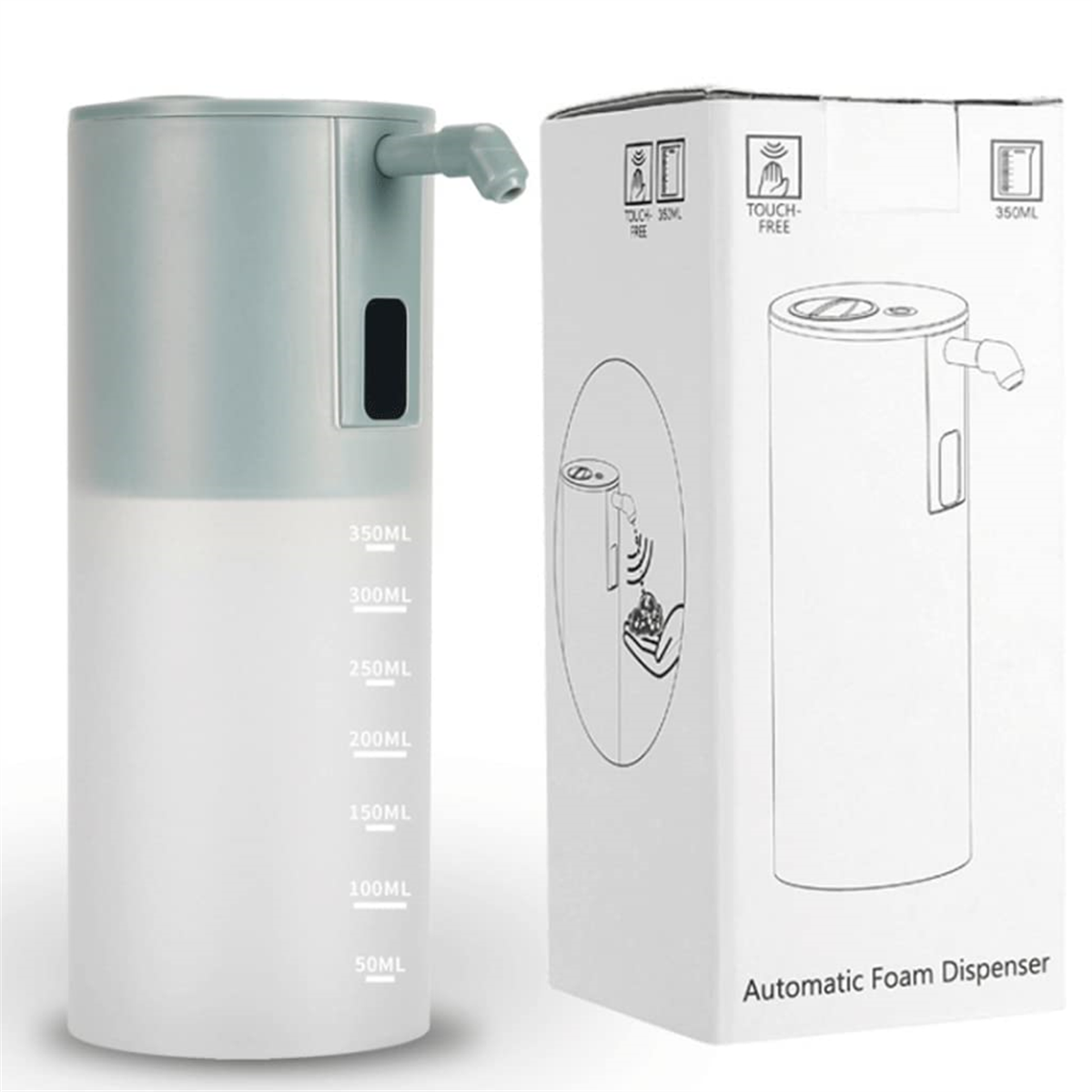 Automatischer Schaumspender, weiß und grau, mit Verpackung.