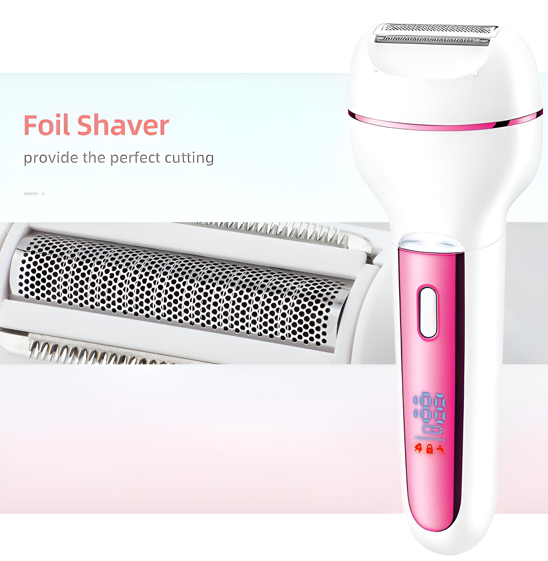 Weißer und pinkfarbener Folienrasierer mit Details des Folienkopfes und der Ladeanzeige.