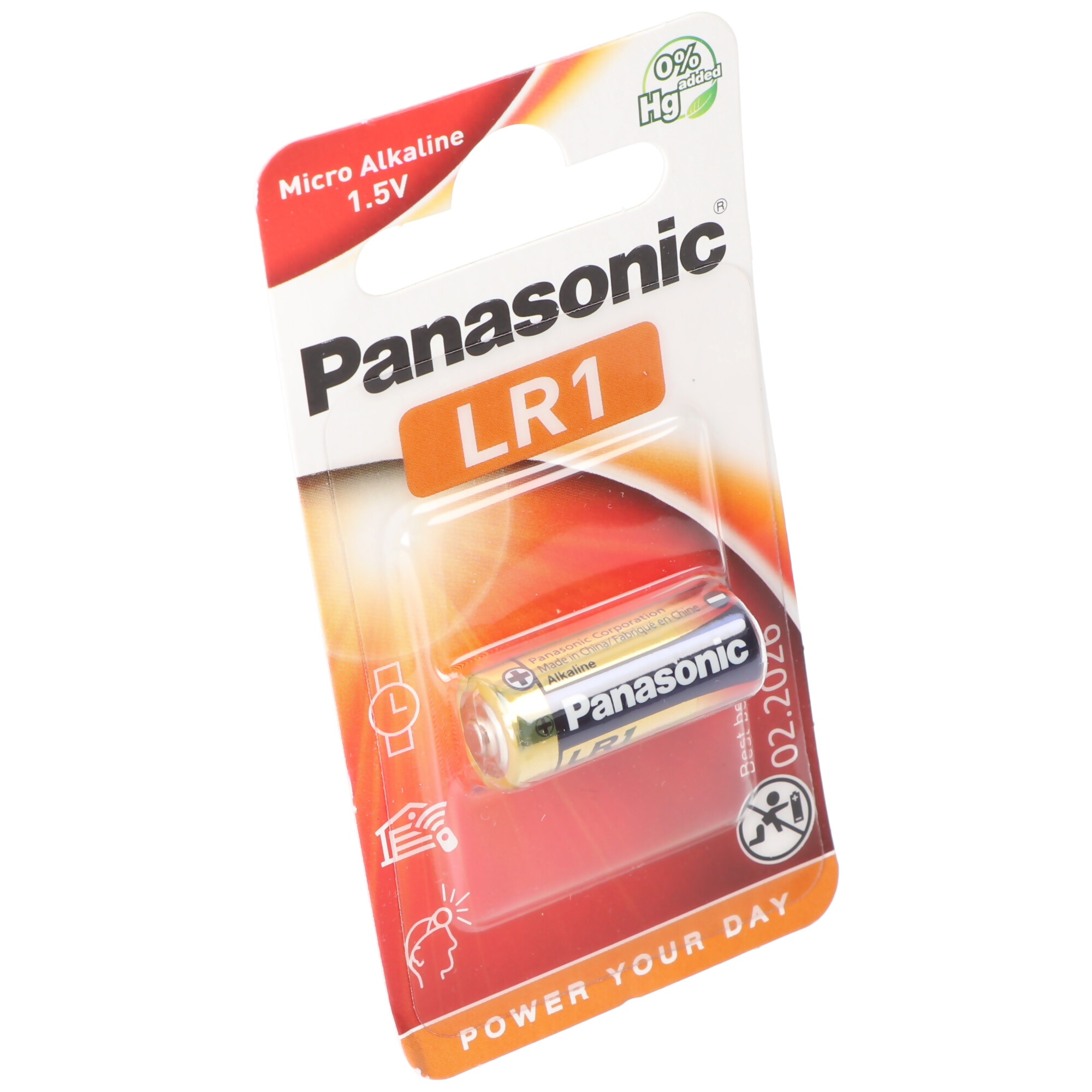 Panasonic LR1 Batteriepack. Rote und weiße Verpackung. Batterien sichtbar, mit 0% Hg zugesetzt.