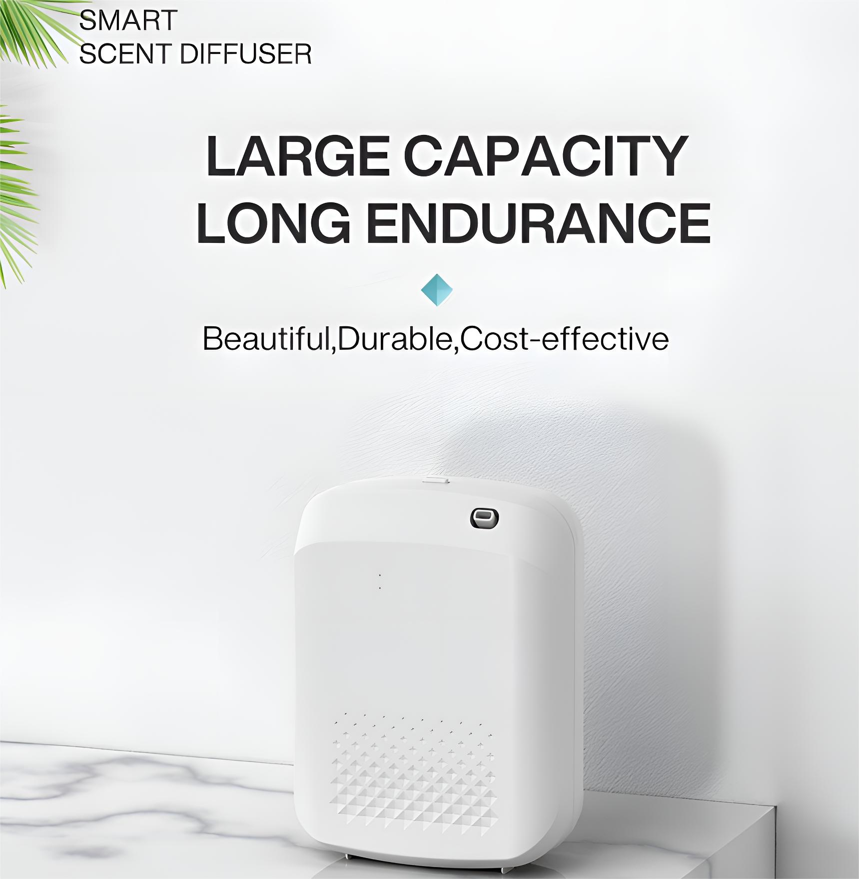 Weißer intelligenter Duftdiffusor mit Text: Große Kapazität, lange Ausdauer und Produktdetails.