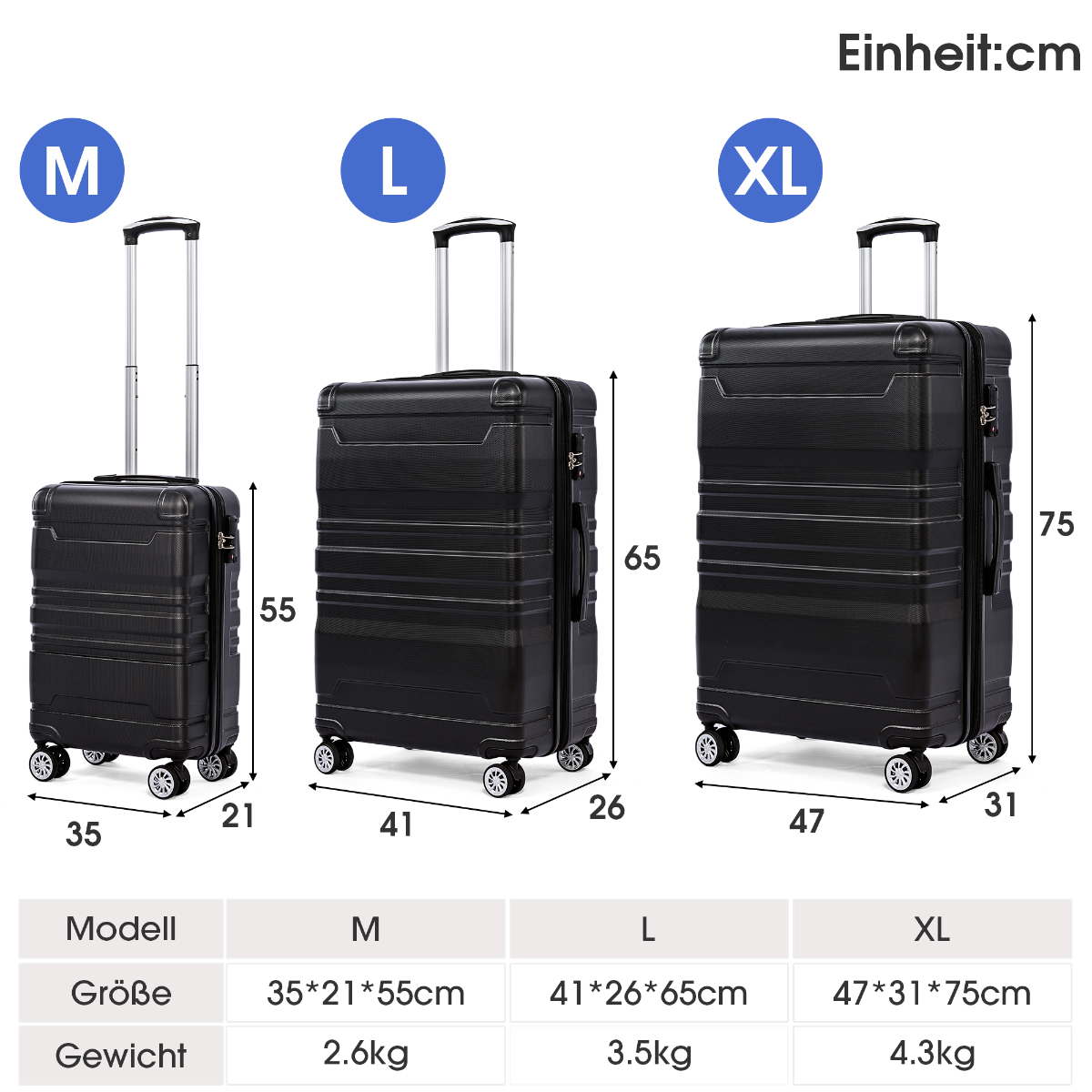 Drei schwarze Koffer in verschiedenen Größen, mit Größen- und Gewichtsangaben. XL ist der größte.