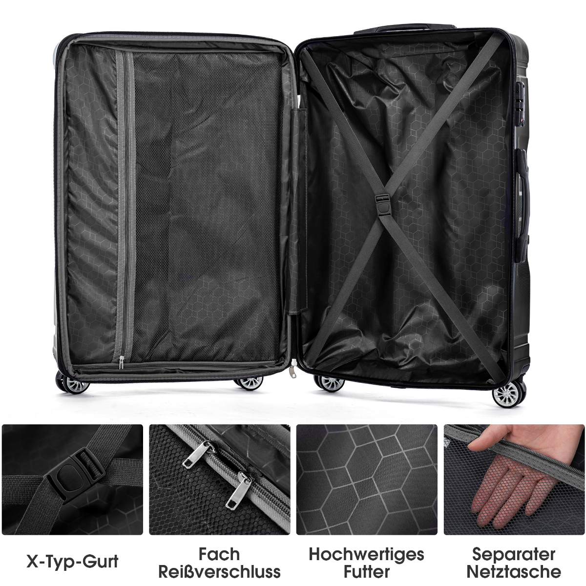 Offener Kofferinnenraum. Er hat Fächer, Reißverschlüsse und eine Netztasche.