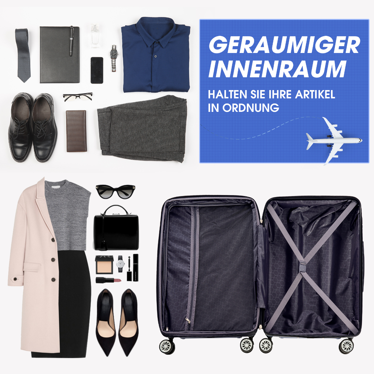 Koffer und Kleideranordnung auf weißer Oberfläche. Text-Overlay.