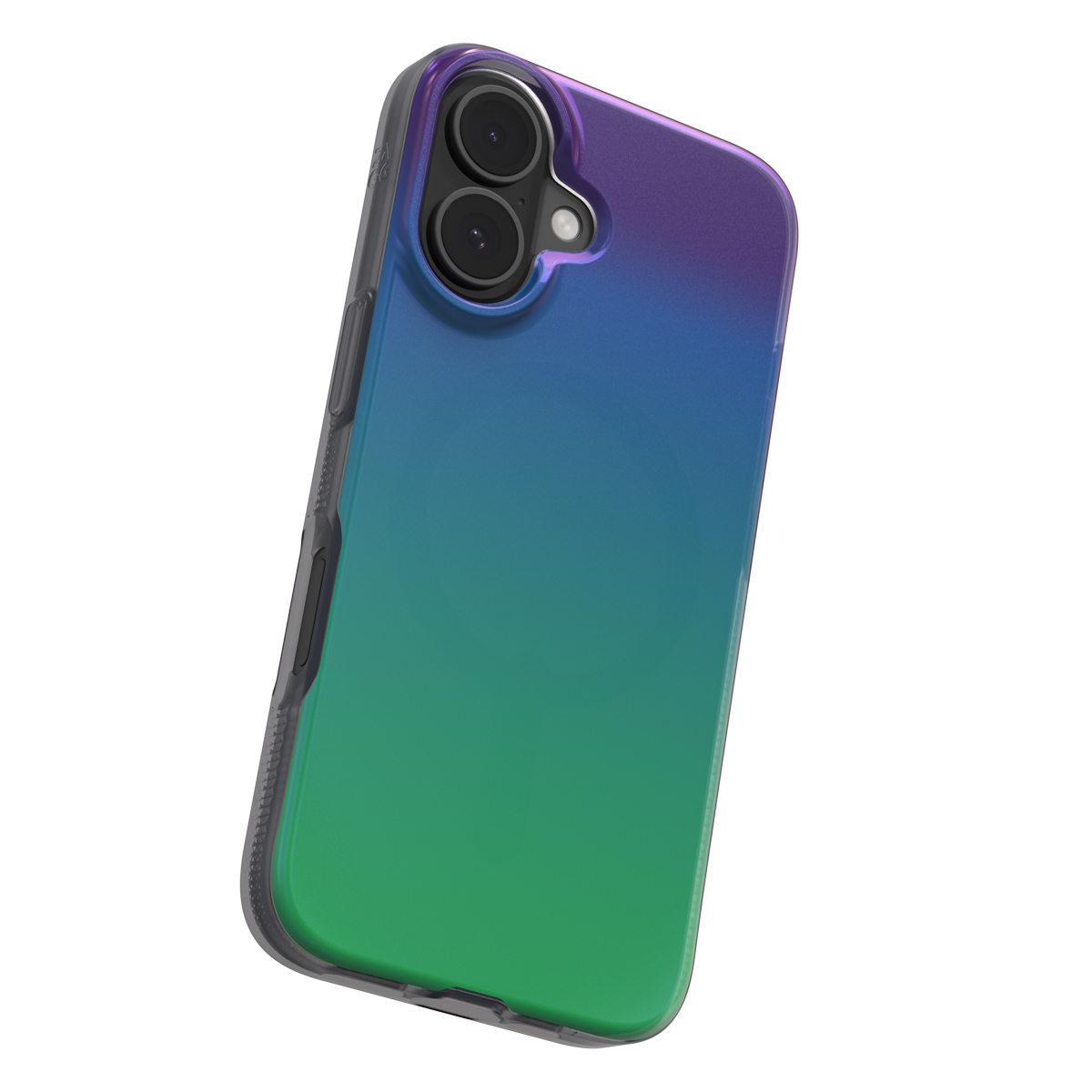 Ein Telefon in einer Hülle mit einem Farbverlauf aus Blau, Grün und Lila. Die Hülle hat Kameralinsen.