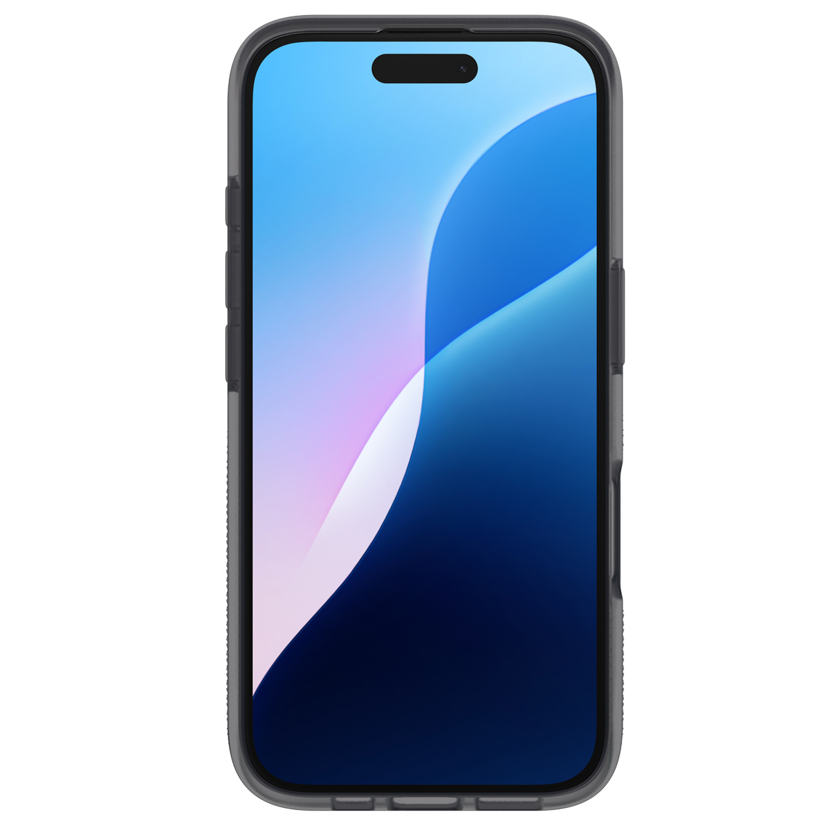 Ein Smartphone in einer transparenten Hülle, das den Bildschirm mit blau-weißem Hintergrund zeigt.