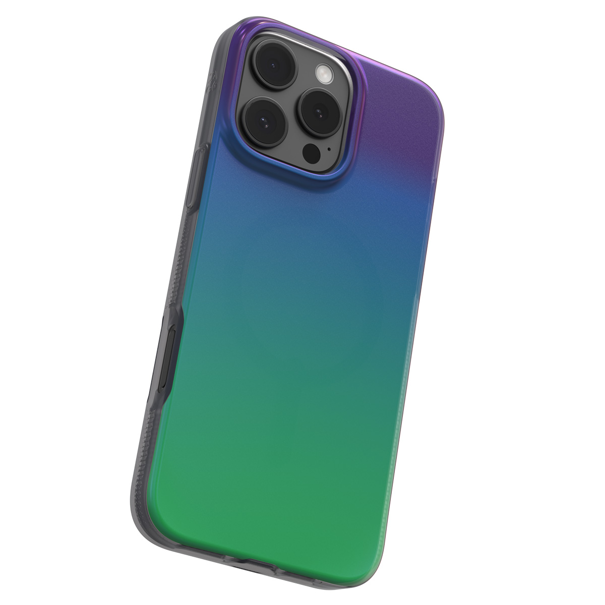 Coque de téléphone avec dégradé bleu-vert. Trois lentilles en haut.