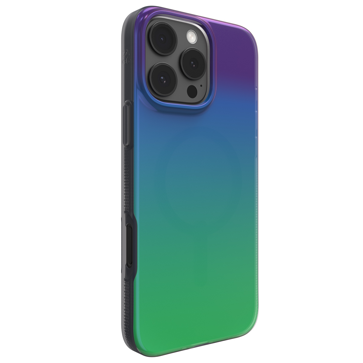 Un smartphone dans une coque avec un dégradé de bleu, vert et violet. La coque a une découpe pour la caméra.