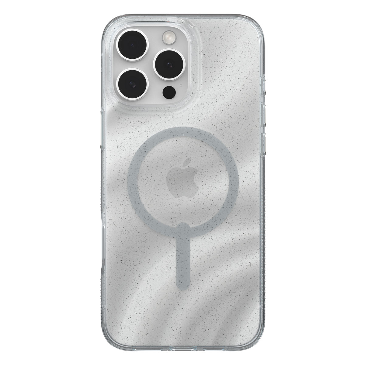 Transparante telefoonhoes met glitter en zilveren MagSafe ring. Vier cameralenzen.