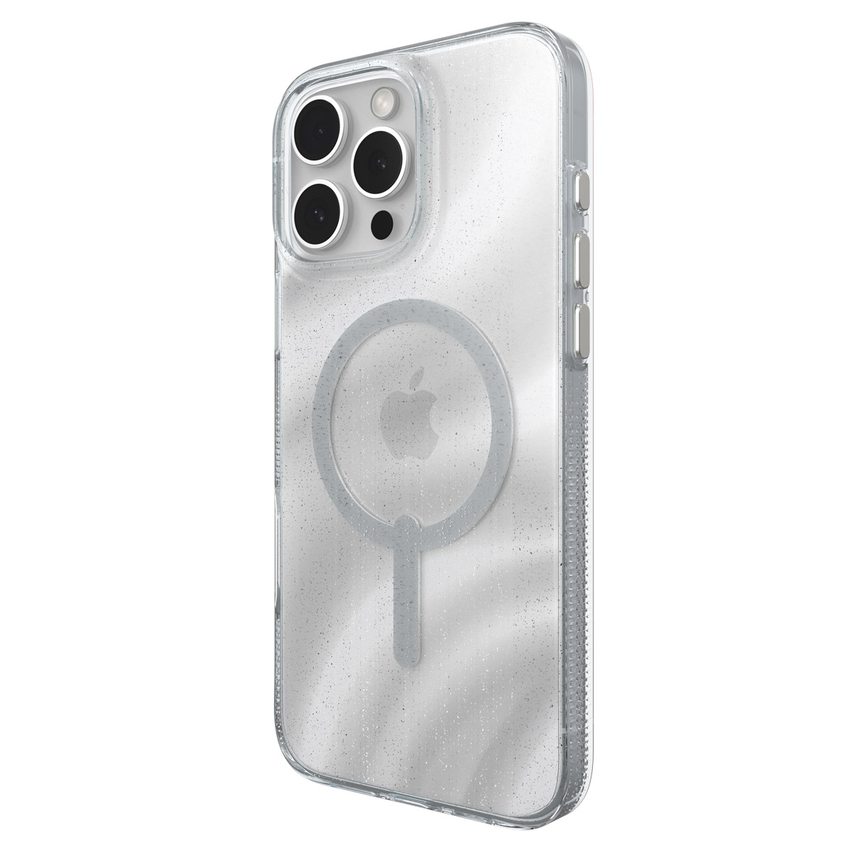 Een telefoonhoesje met glitter. De hoes is doorzichtig en heeft een cirkelvormige MagSafe en een Apple-logo.