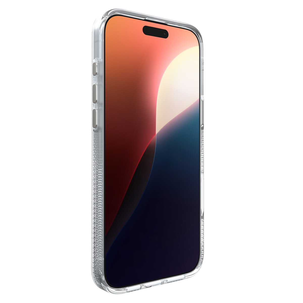 Transparante iPhone-hoes op een telefoon met een rood en blauw gradiënt scherm. De hoes is transparant.
