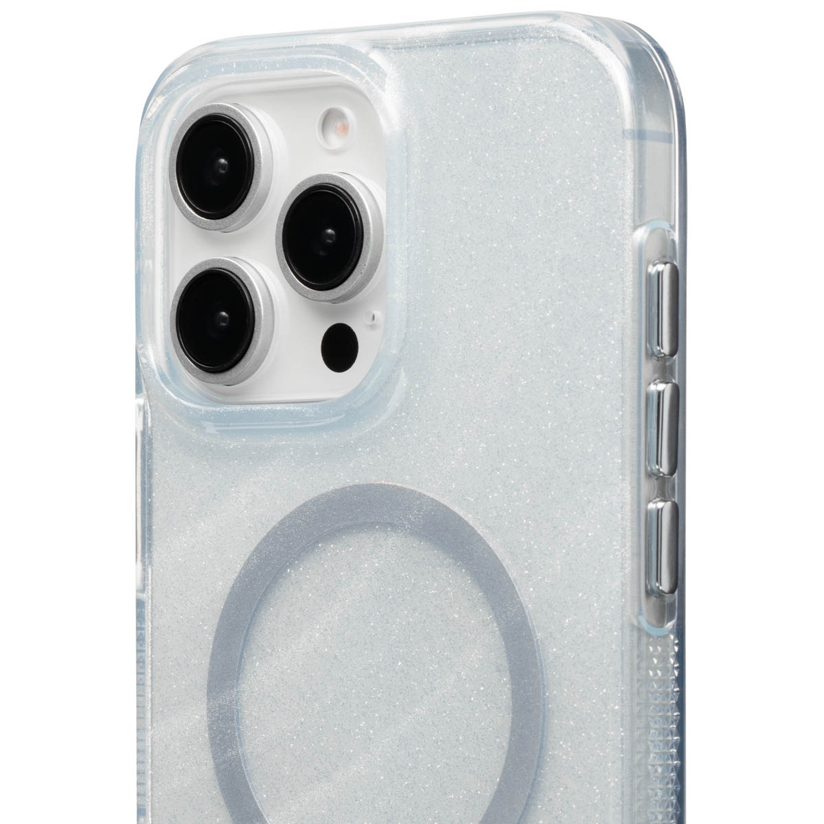 Een close-up van een telefoonhoesje. De hoes is transparant met glitter. De telefoon heeft meerdere camera's.