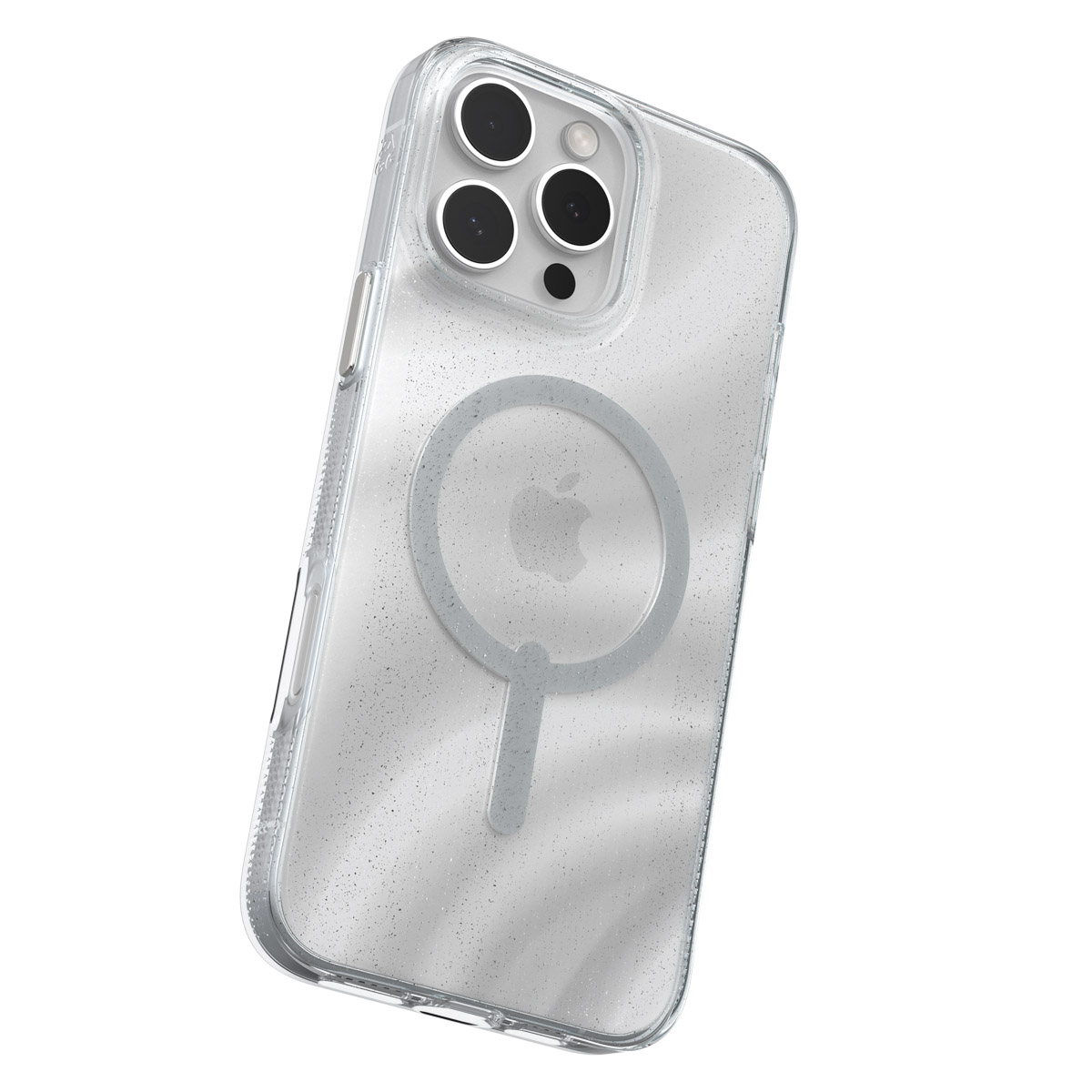 Transparante telefoonhoes met Apple-logo, camera en witte achtergrond.