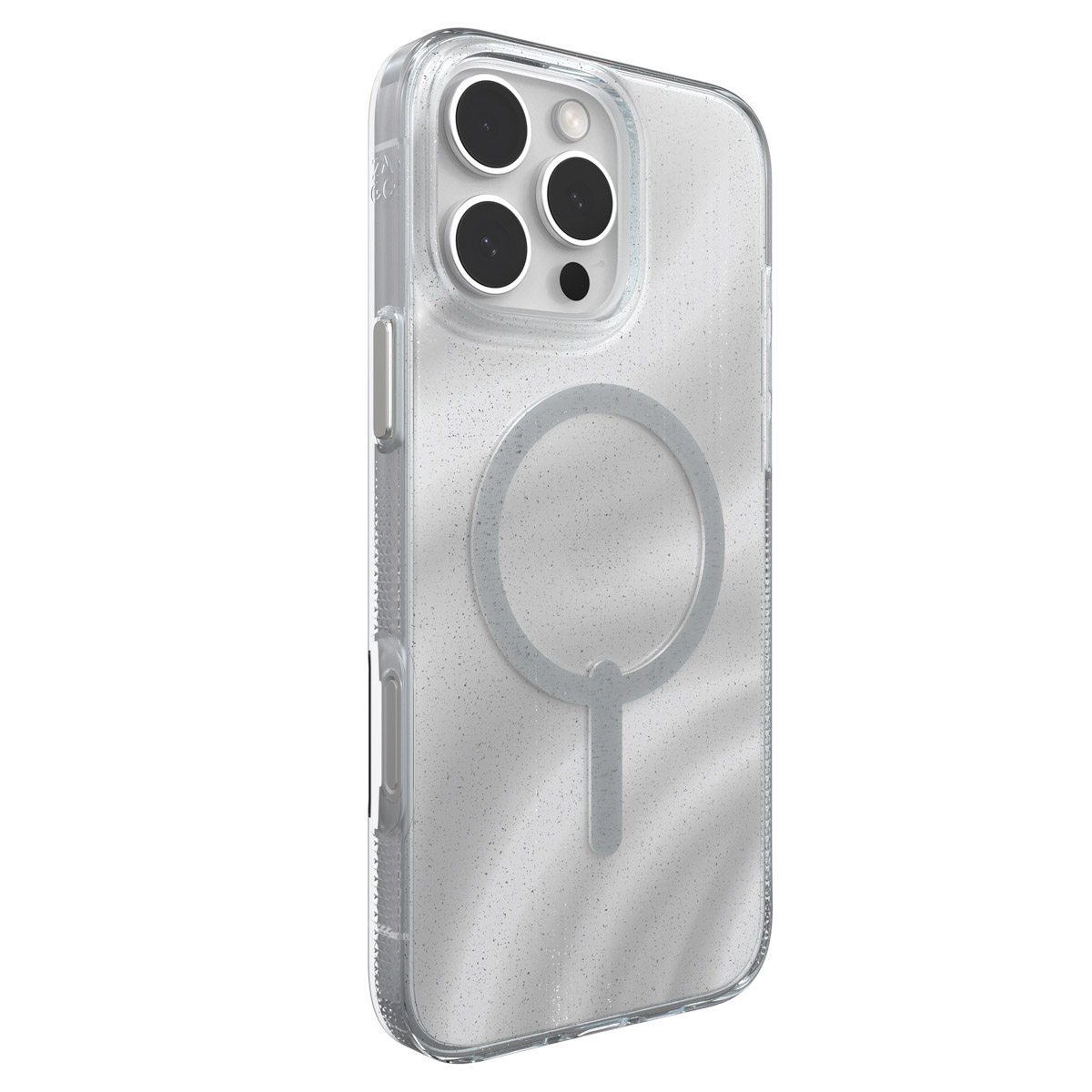 Een telefoon in een doorzichtige glitterhoes. De hoes heeft een Apple-logo en cameralenzen.