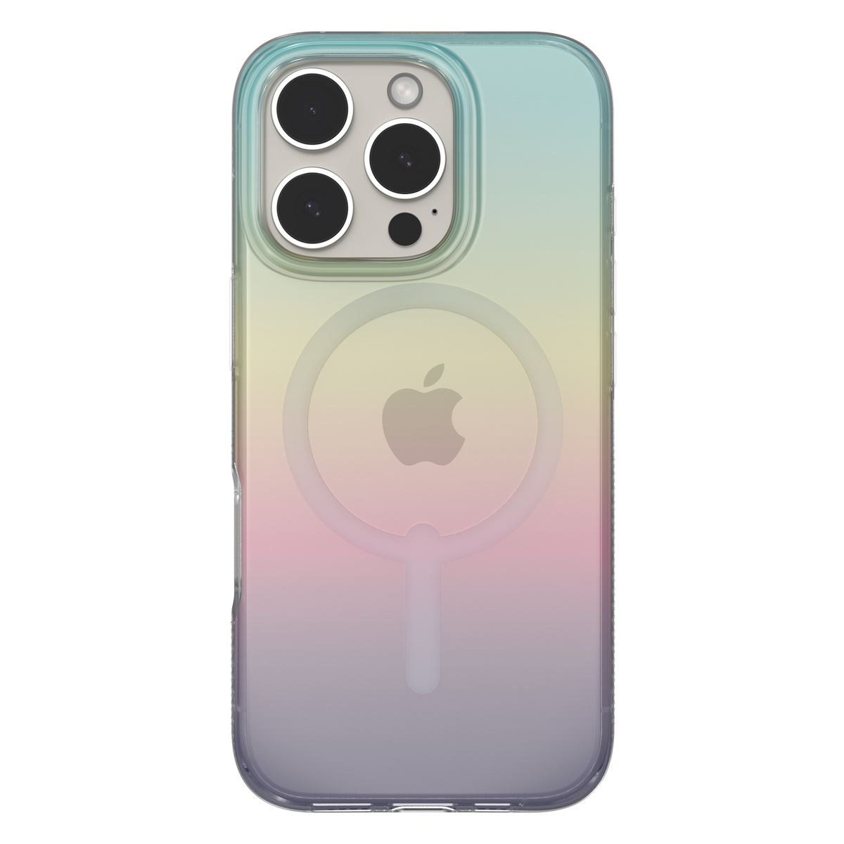 Custodia per telefono con gradiente colorato. Ha una custodia trasparente e un logo Apple.