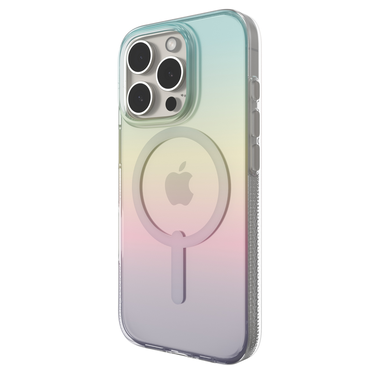 iPhone in una custodia trasparente con effetto arcobaleno. Logo Apple visibile.