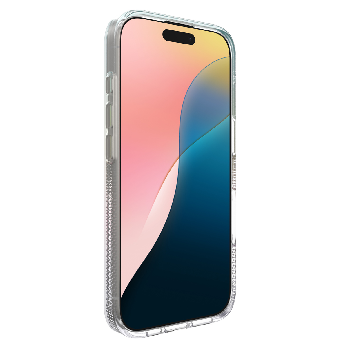 Un telefono in una custodia trasparente. Il telefono ha uno schermo con uno sfondo colorato. I pulsanti sono visibili.