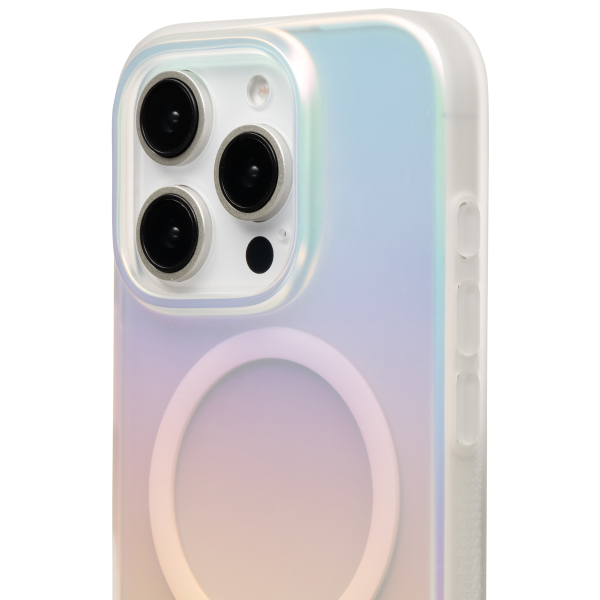 Custodia per iPhone con retro trasparente e cornice bianca. La fotocamera del telefono è visibile.
