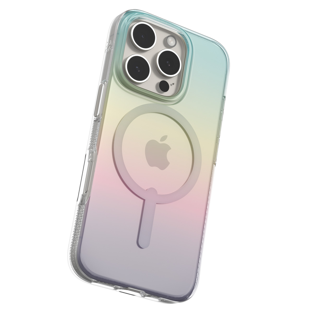 Custodia per telefono con gradiente colorato, logo Apple. La custodia è trasparente e ha fotocamere.
