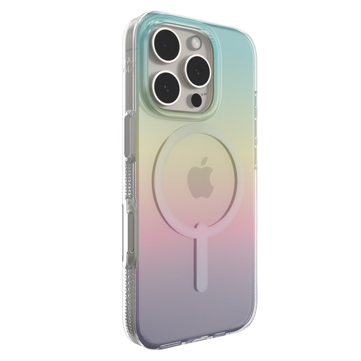 Custodia trasparente con sfumatura di colore. Il telefono all'interno è visibile, mostrando il logo Apple.