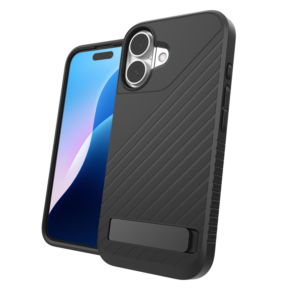 Eine schwarze Handyhülle mit Ständer. Der Telefonbildschirm ist sichtbar und zeigt einen blauen Hintergrund.