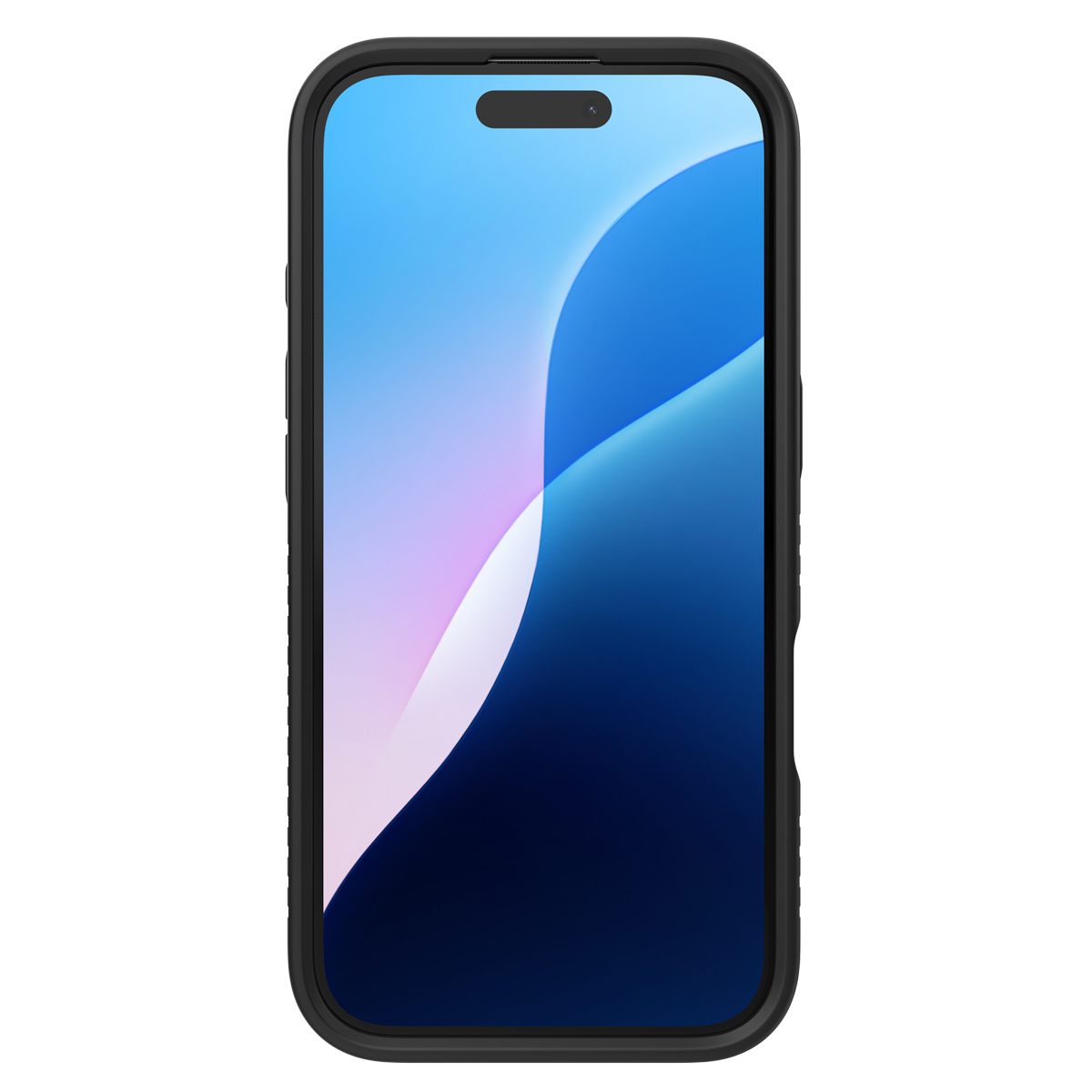 Schwarze Handyhülle auf einem Telefon mit blau-weißem Hintergrund.