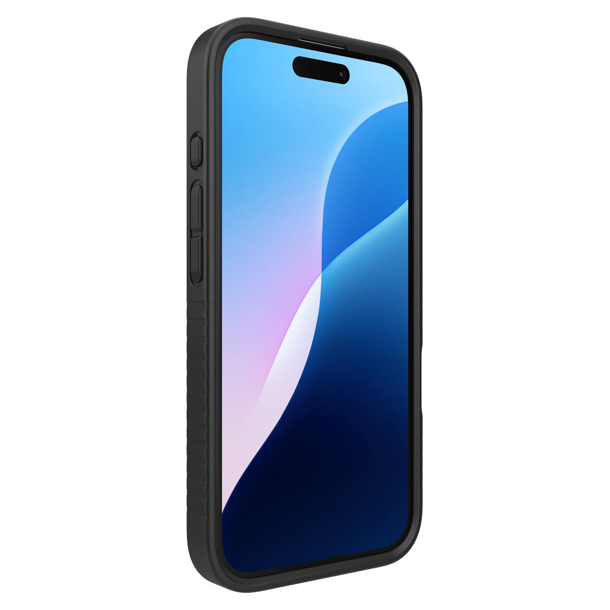 Schwarze Handyhülle mit blau-violettem Bildschirm. Telefon sichtbar.