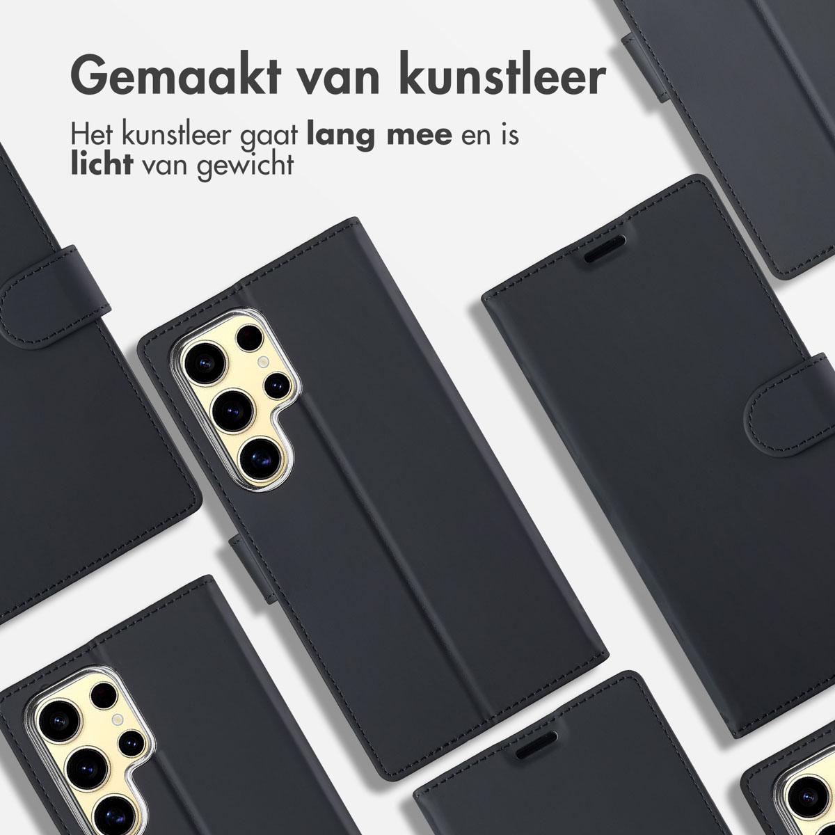 A collection of black phone cases, with a leather-like texture, arranged on a white background.