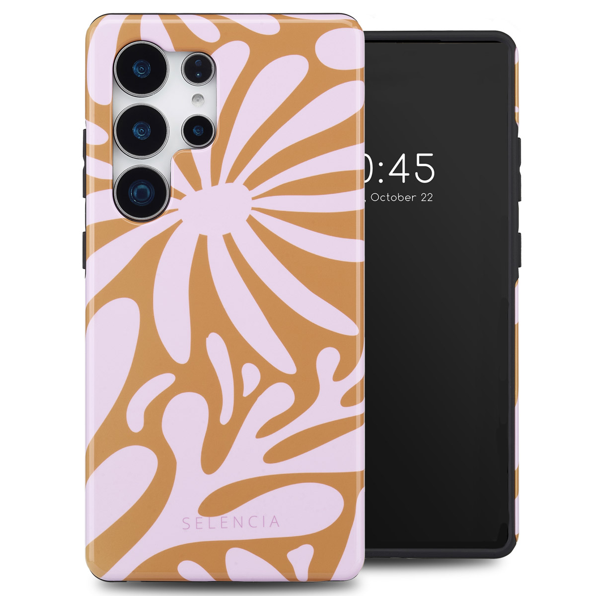 Telefoonhoesje met een bloemenmotief. De telefoon is zwart en toont de tijd en datum op het scherm.