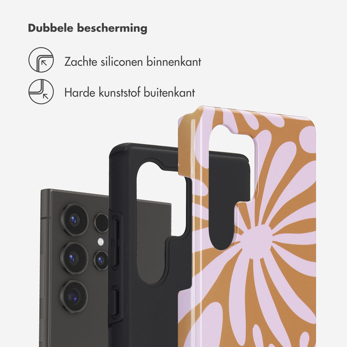 Telefoonhoesje met bloemenontwerp en zwarte binnenhoes. Tekst: 'Dubbele bescherming'.