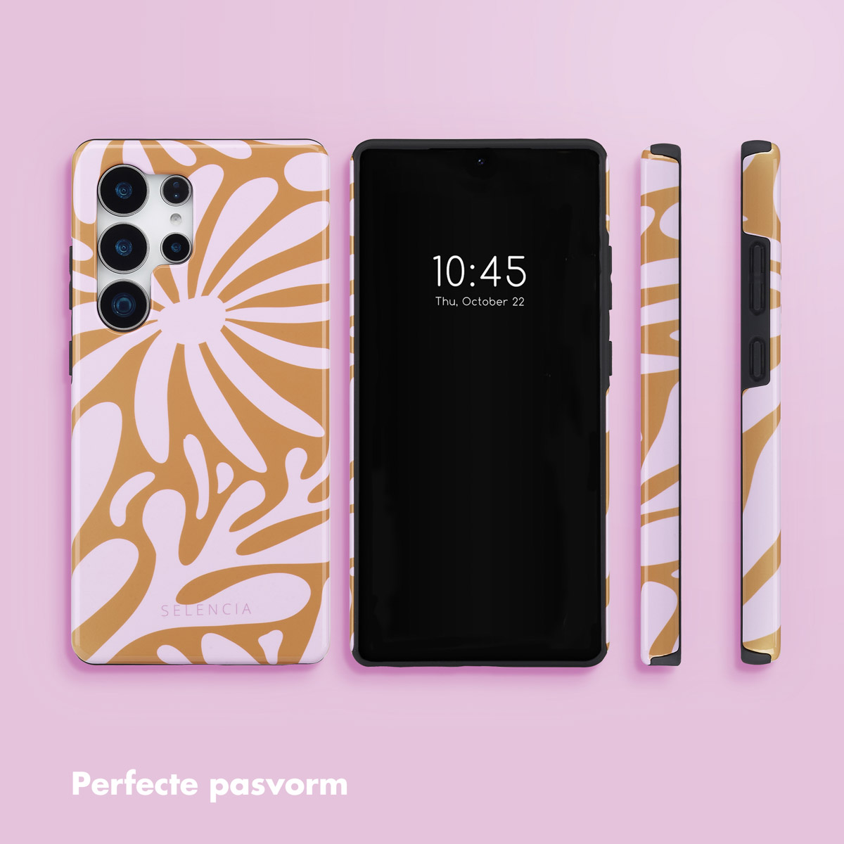 Een telefoon en bijpassende hoesjes op een roze achtergrond. De hoes heeft een wit en oranje bloemmotief.