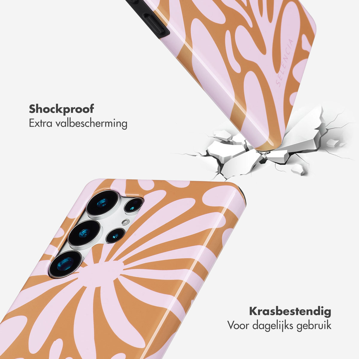 Telefoonhoes met bloemmotief breekt. Tekst links en rechts: Schokbestendig en Krasbestendig.