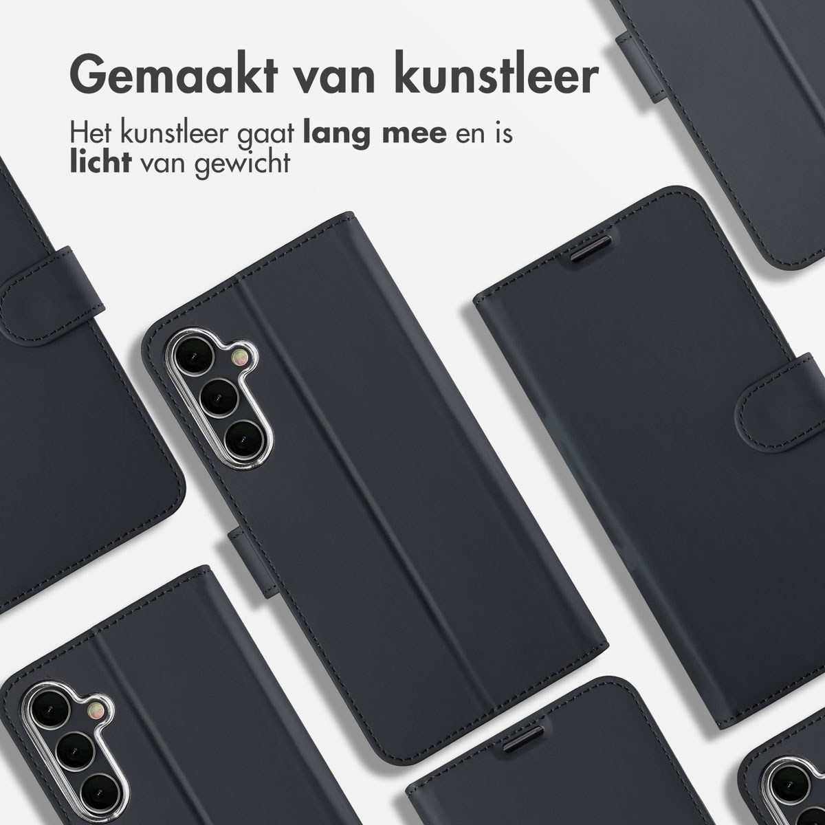 Eine Handyhülle mit Lederdesign. Mehrere Hüllen sind auf einer weißen Oberfläche abgebildet.