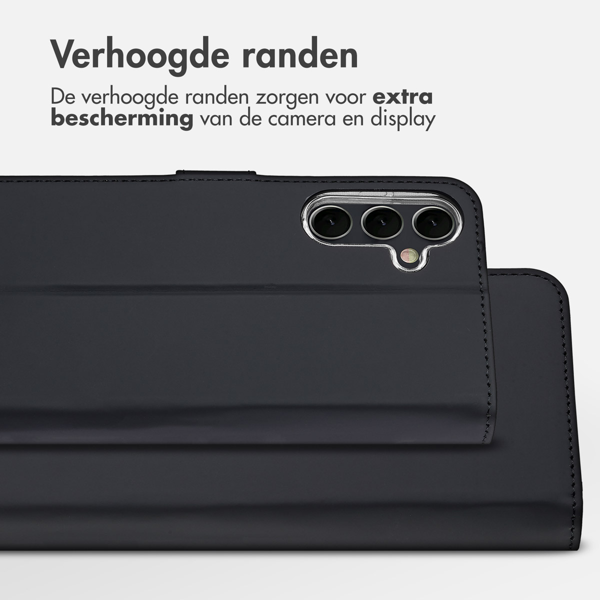 Schwarze Handyhülle. Text: 'Verhoogde randen', bedeutet 'Erhöhte Ränder'.