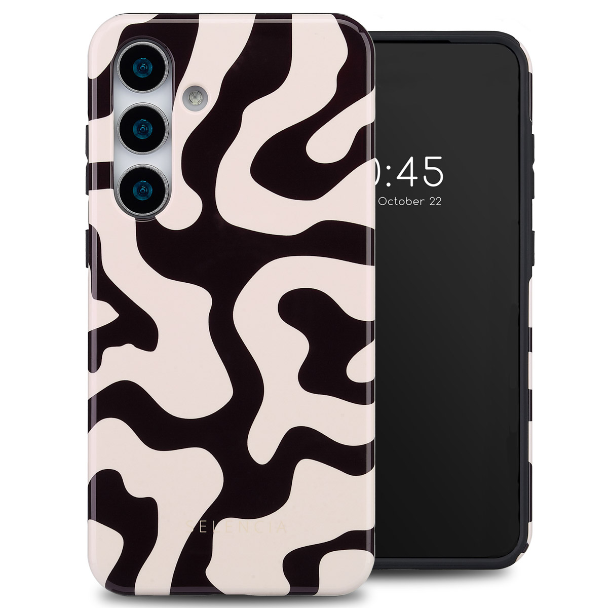 Telefoon met een zwart-crème golfpatroon hoesje. Het scherm toont de tijd en datum.