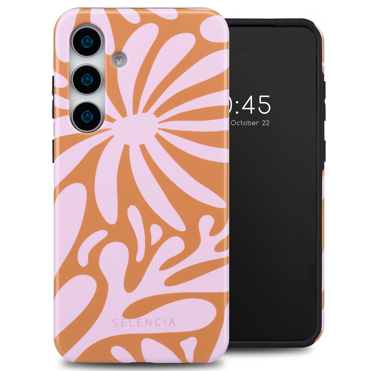 Oranje en roze bloemmotief telefoonhoesje, telefoon met zwart scherm met tijd. Witte achtergrond.