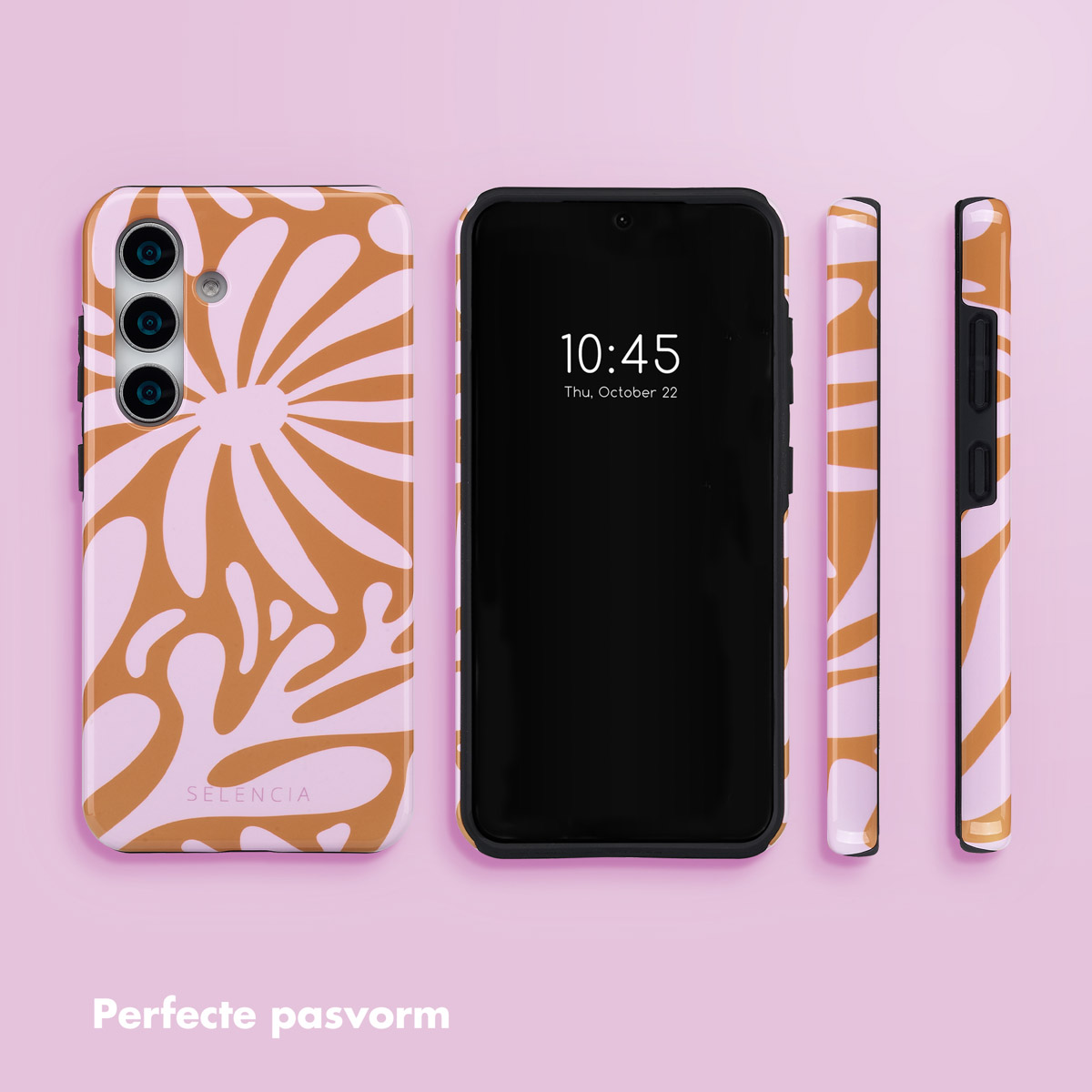 Telefoon in hoes, drie weergaven. Bloemenpatroon. Tekst: 'Perfecte pasvorm'.