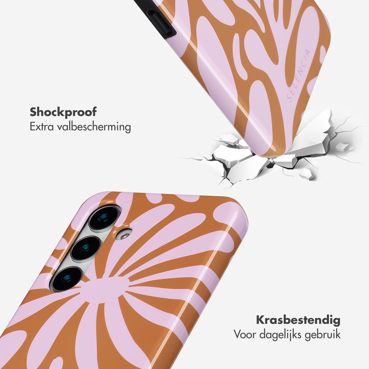Een telefoonhoesje met een roze en bruin ontwerp. De hoes wordt getoond in gebruik met een gebroken scherm.