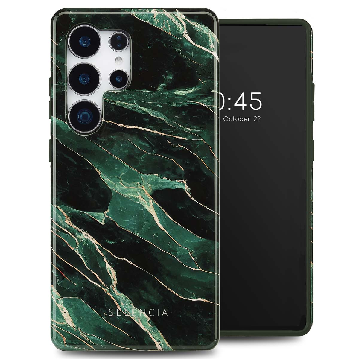 Telefoon in een telefoonhoesje met groen marmer design. Telefoonscherm is donker, toont de tijd.