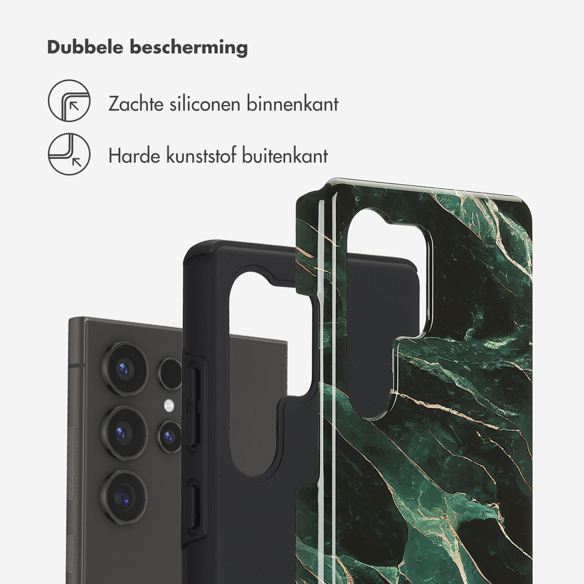 Telefoonhoes met marmerdesign, witte achtergrond. Tekst: 'Dubbele bescherming'.